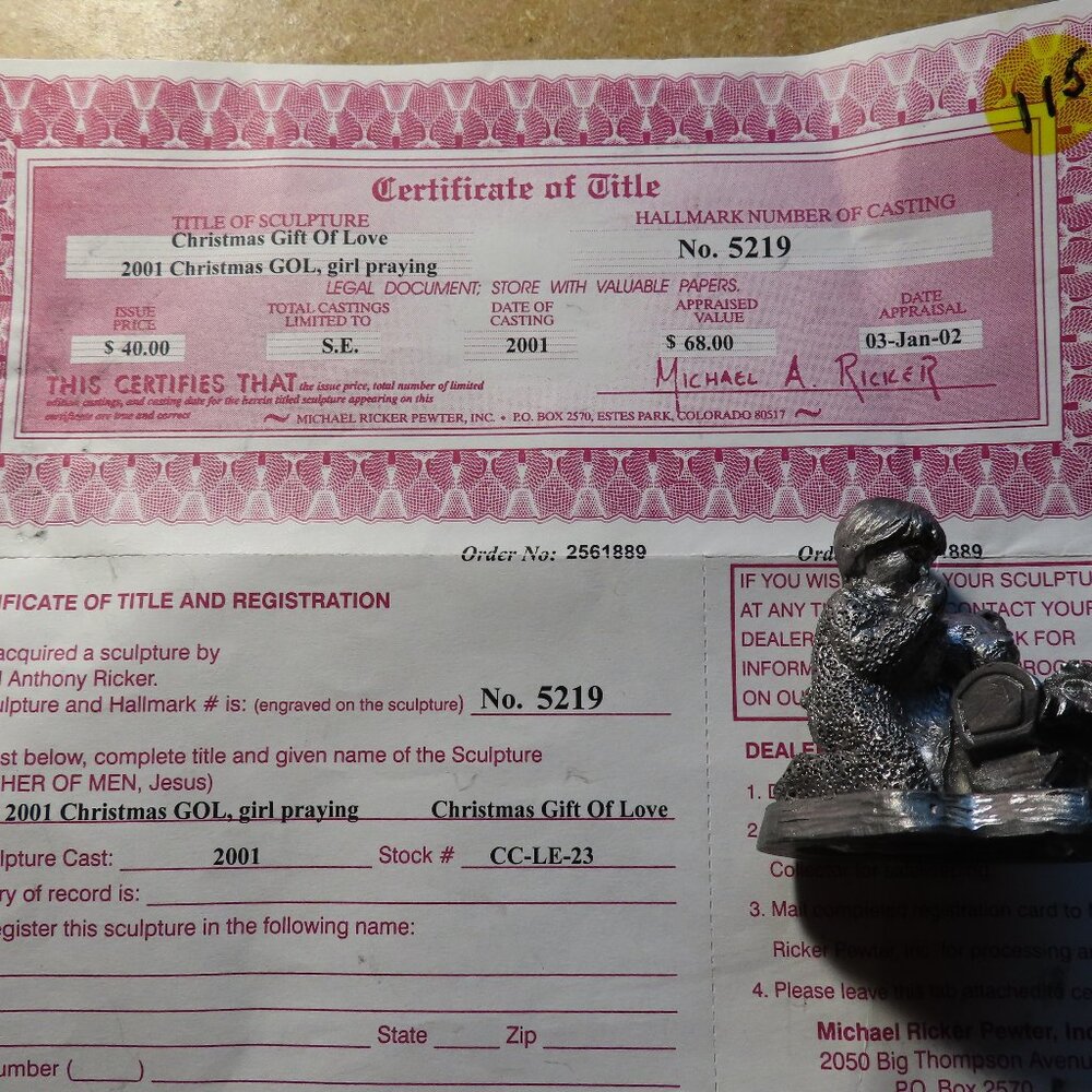 MICHAEL RICKER PEWTER FIGURINES; LOT of 6; Christmas Gift of Love Series; Certs.